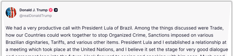 Trump diz ver “muitas coisas boas” na nova parceria com Lula