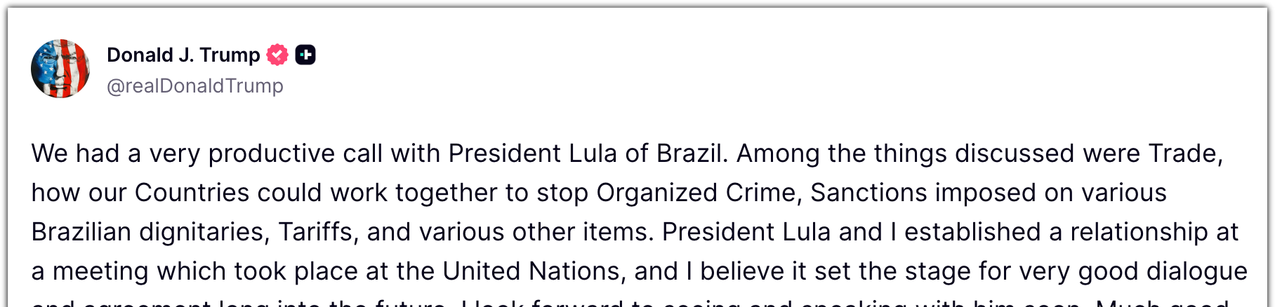 Trump diz ver “muitas coisas boas” na nova parceria com Lula - Imagem do artigo