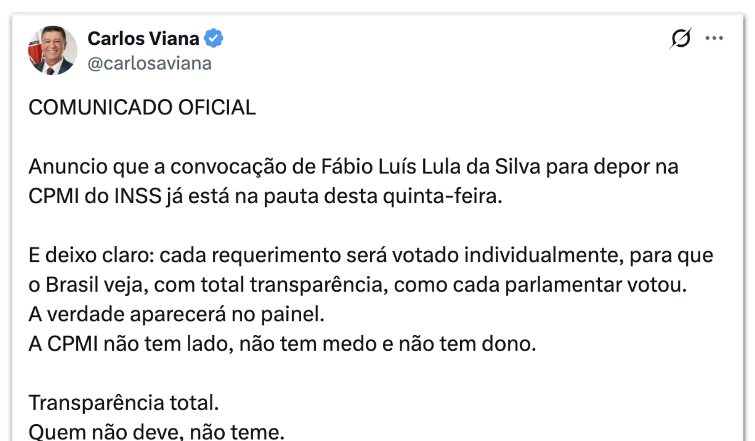CPI do INSS votará nesta quinta-feira convocação de Fábio Luís, filho de Lula - Imagem do artigo