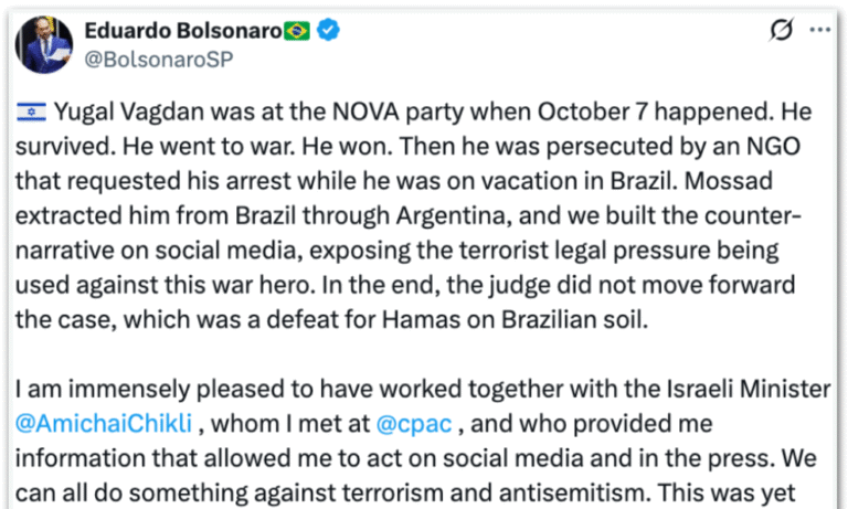 Eduardo Bolsonaro visita soldado israelense investigado pela Justiça brasileira