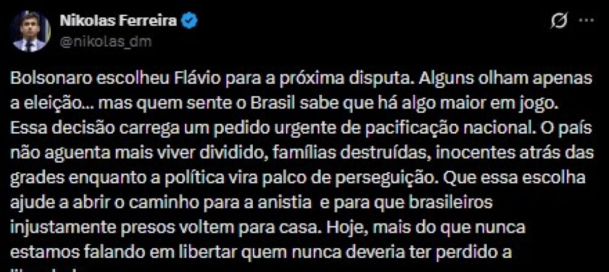 Nikolas Ferreira diz que indicação de Flávio Bolsonaro à Presidência busca pacificar o país - Imagem do artigo original