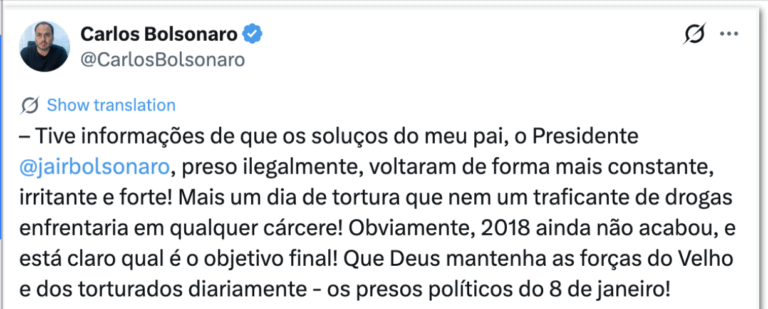 Carlos Bolsonaro afirma que soluços de Jair Bolsonaro estão mais intensos na cela da PF