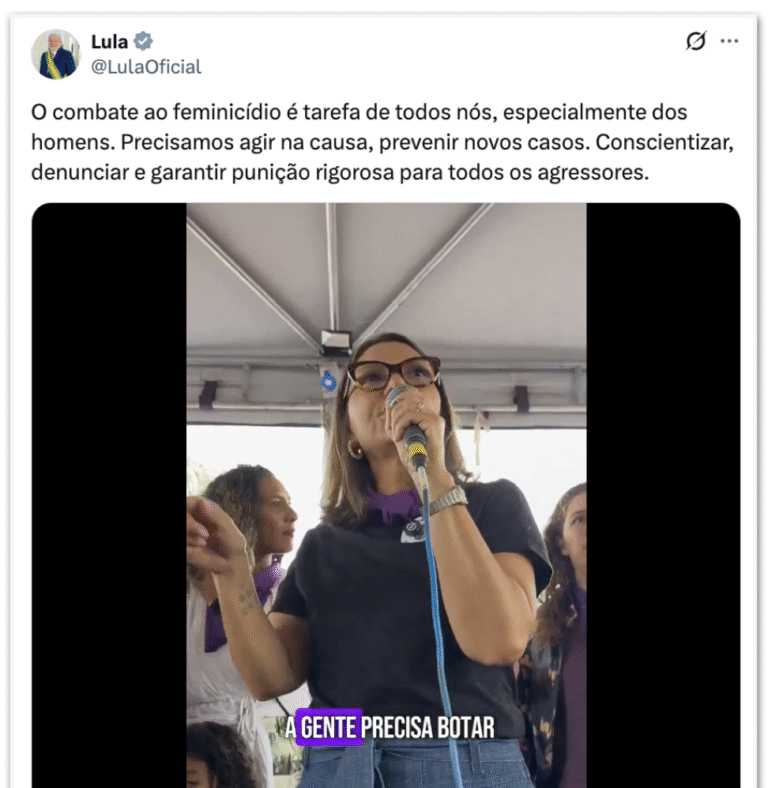 Lula afirma que homens também devem assumir combate ao feminicídio