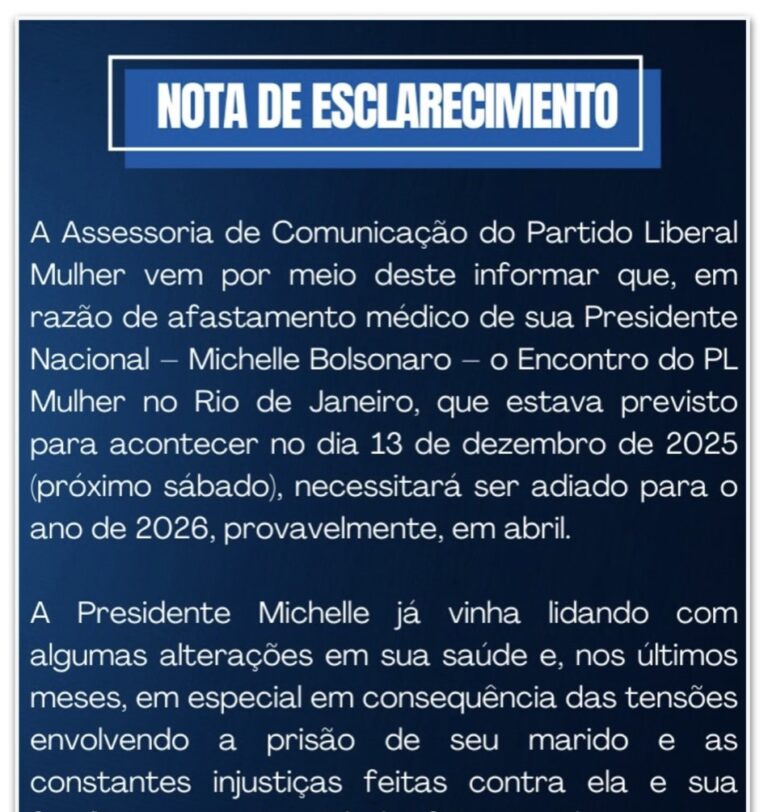 Michelle Bolsonaro se afasta da presidência do PL Mulher por motivos de saúde