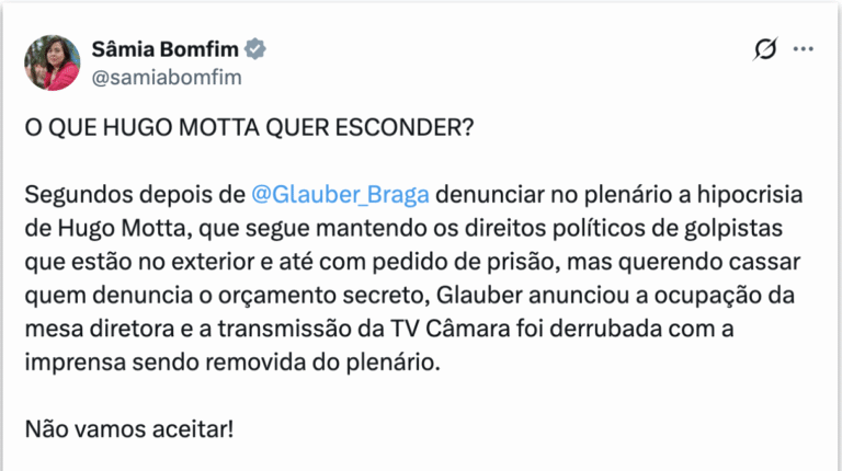 Sâmia Bomfim critica corte da TV Câmara e retirada de jornalistas após ação contra Glauber Braga
