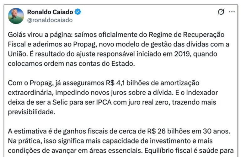 Goiás oficializa saída do Regime de Recuperação Fiscal e ingressa no Propag, anuncia Caiado