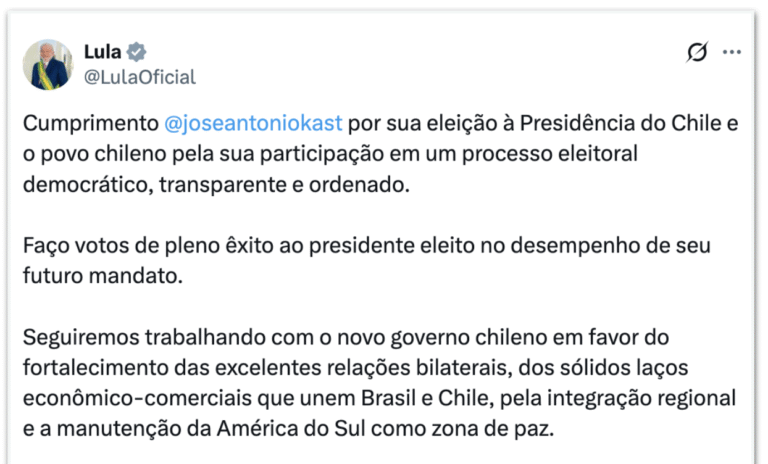 Lula felicita José Antonio Kast após eleição presidencial no Chile
