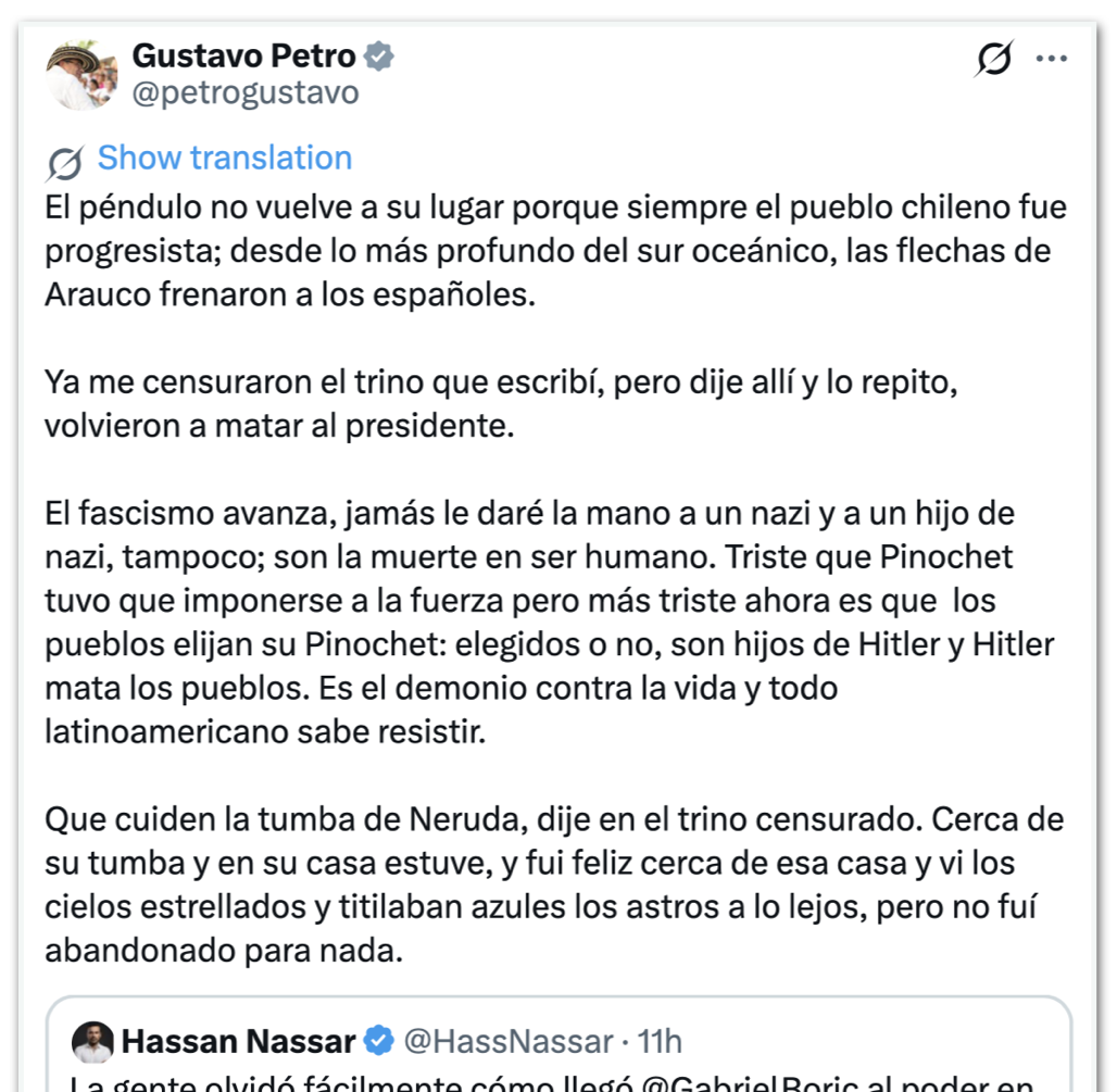 Petro diz que “jamais dará a mão a um nazista” após vitória de José Antonio Kast no Chile - Imagem do artigo original