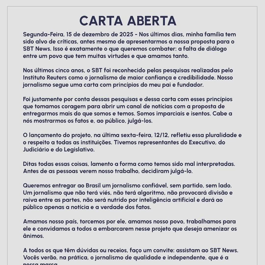 SBT reage a críticas e lamenta julgamentos contra filhas de Silvio Santos - Imagem do artigo