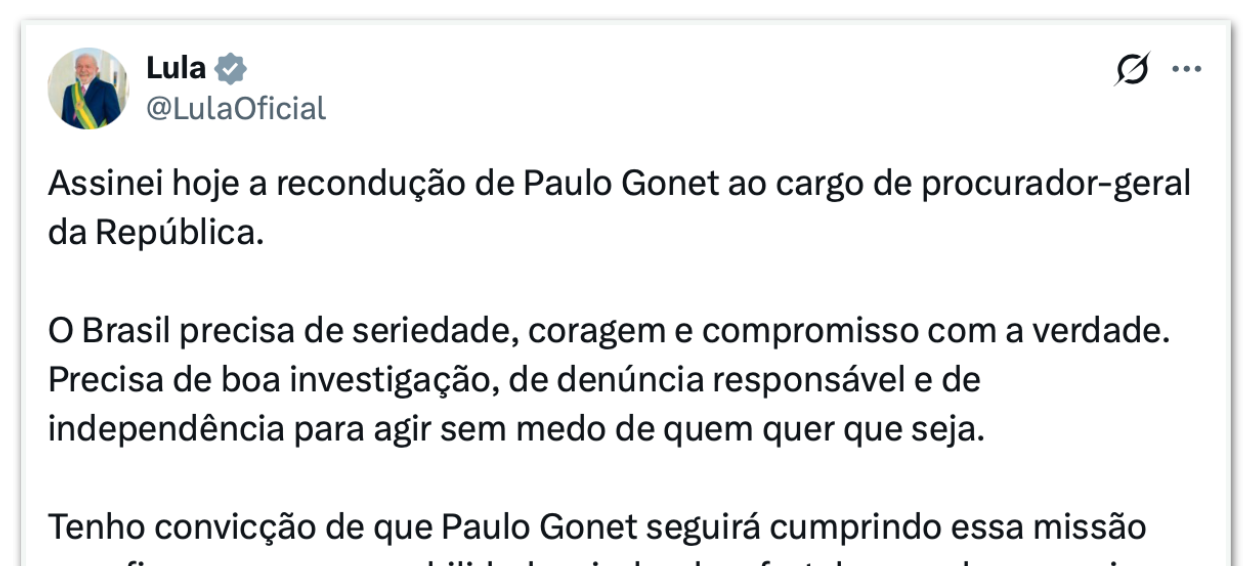 Lula reconduz Paulo Gonet para novo mandato na PGR - Imagem do artigo