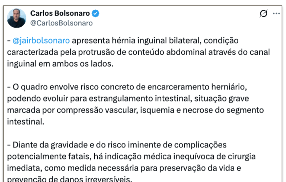 Carlos Bolsonaro diz que risco de morte do pai é iminente e pede cirurgia imediata - Imagem do artigo original