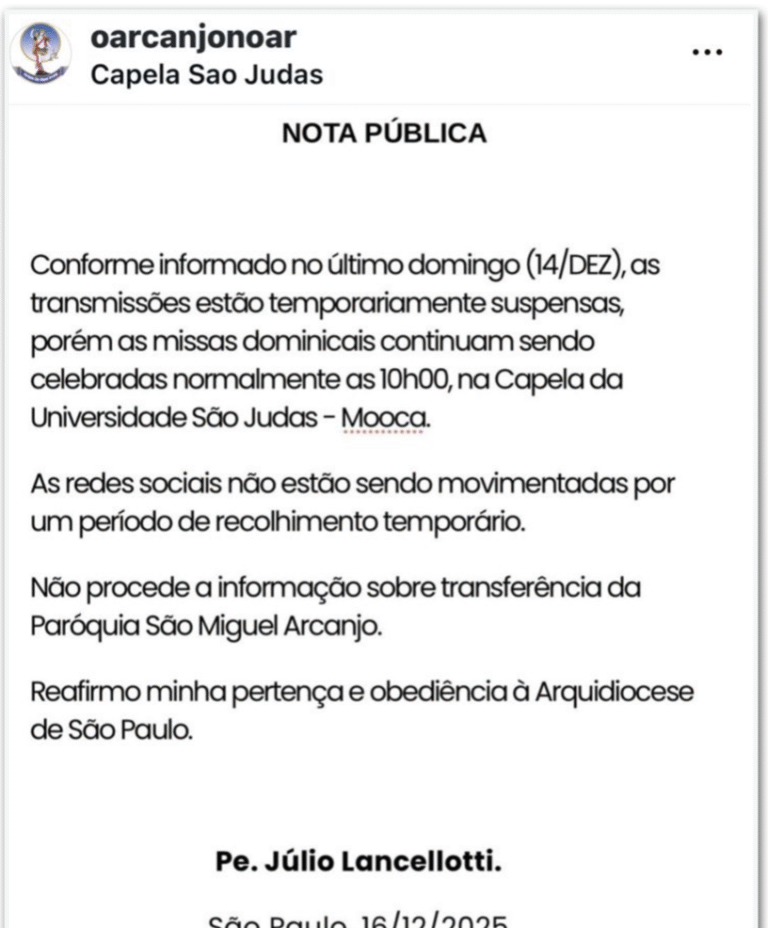 Arquidiocese de São Paulo suspende transmissões de missas do padre Júlio Lancellotti