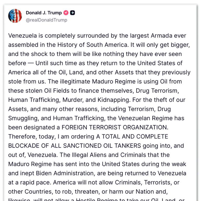 Trump determina bloqueio total a petroleiros que operam na Venezuela; Maduro reage e fala em “ameaça grotesca”