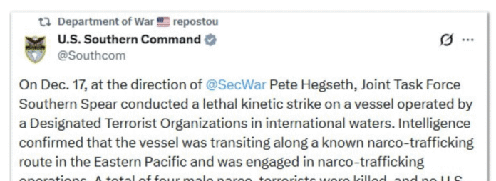 Imagem destacada - Ataque dos EUA a lancha no Pacífico Oriental deixa quatro mortos