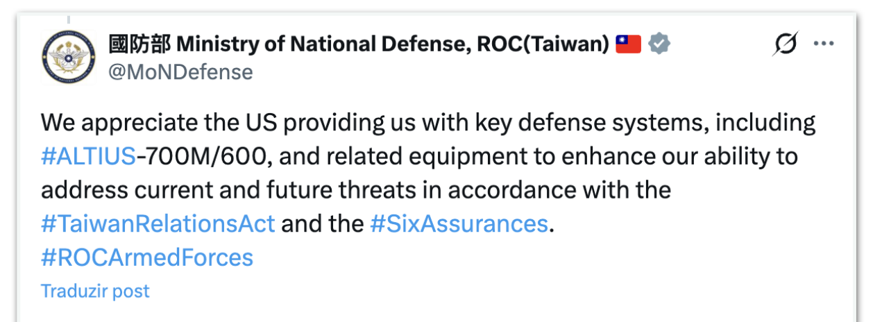 EUA autorizam venda de US$ 11 bilhões em armamentos para Taiwan - Imagem do artigo original