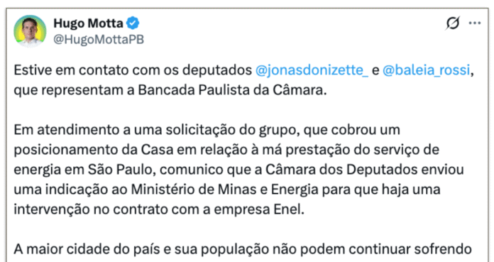 Imagem destacada - Câmara pede intervenção no contrato da Enel em São Paulo, diz Hugo Motta